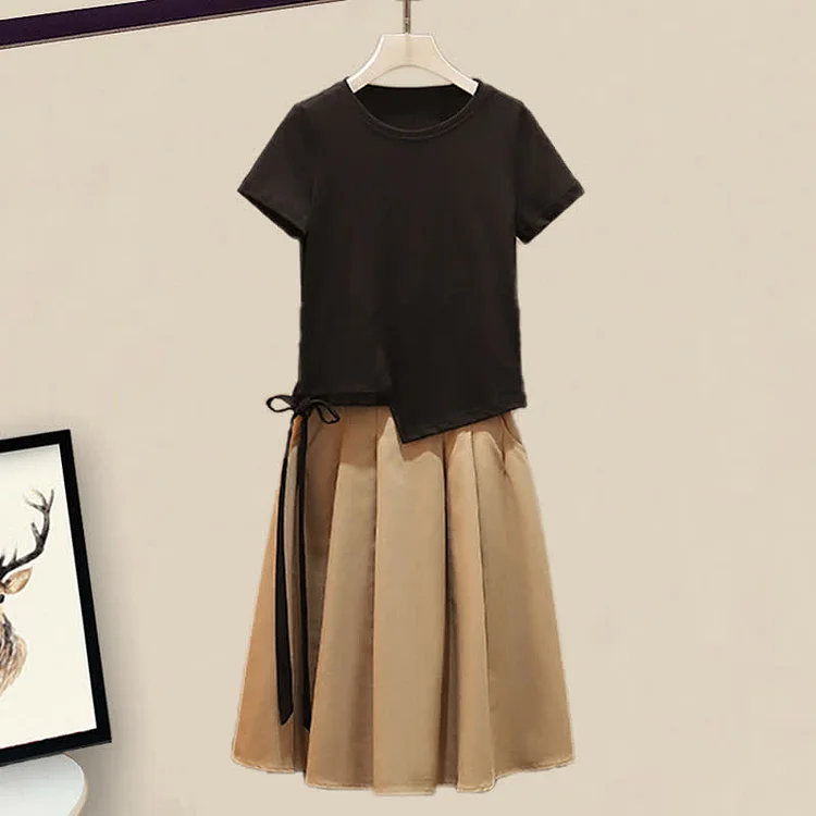 Lace Up Round Collar T-Shirt High Waist Pleated Skirt Two Pieces Set - Modakawa modakawa