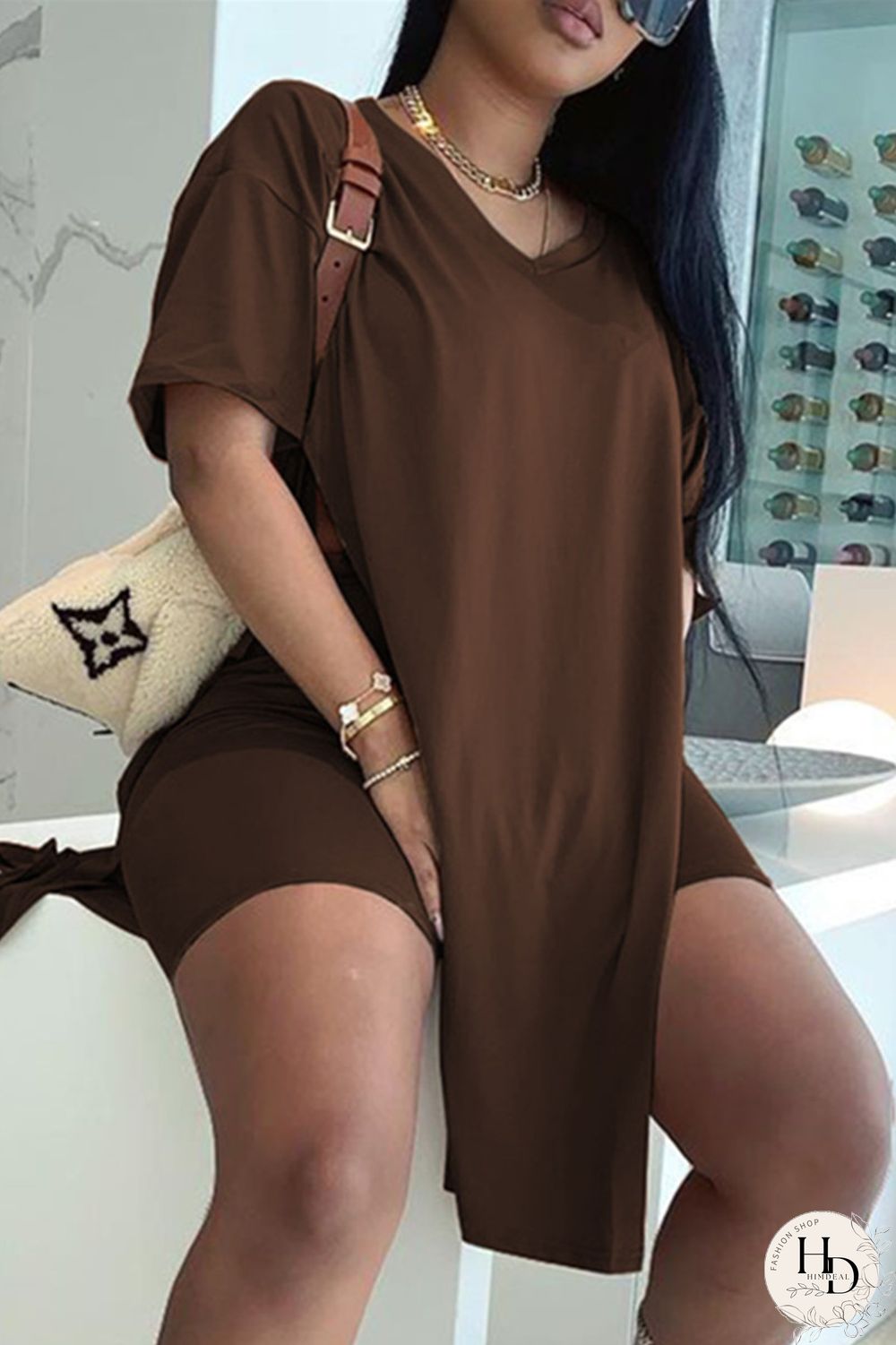 Coffee Fashion Casual Solid Slit V Neck Short Sleeve Two Pieces