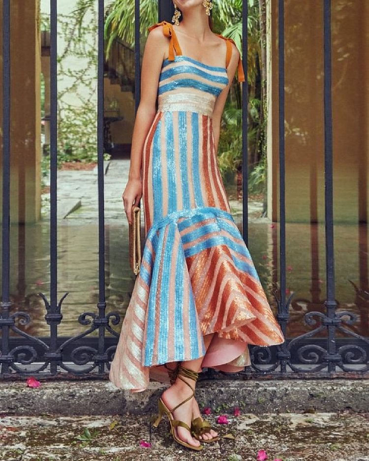 Elegant Bright Color Stripe Print Slip Dress