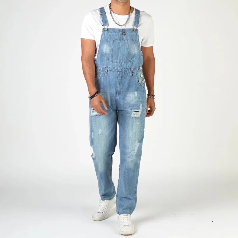 Men's Light Blue Denim Loose Distressed Overalls
