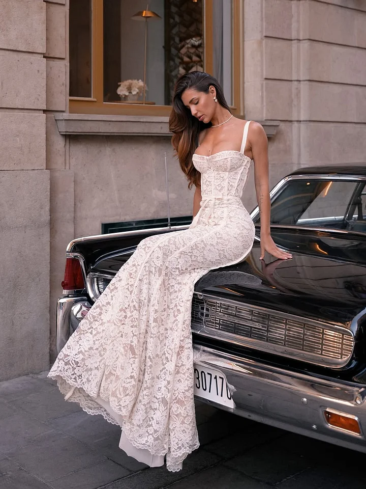 Romantic Cream Sleeveless Spaghetti-Straps Lace Mermaid Prom Dress YK0148