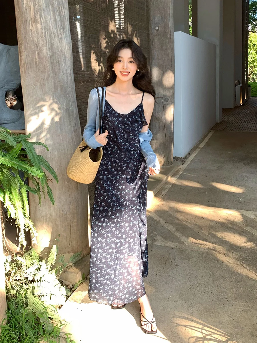 Nigikala Nigikala Xixi 2025 Spring/Summer New Korean Version Of Elegant High-Rise Sling Dress Thin Printed Dress Women 88205