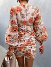 Deep V-Neck Flared Sleeves Ruffled Floral Mini Dress