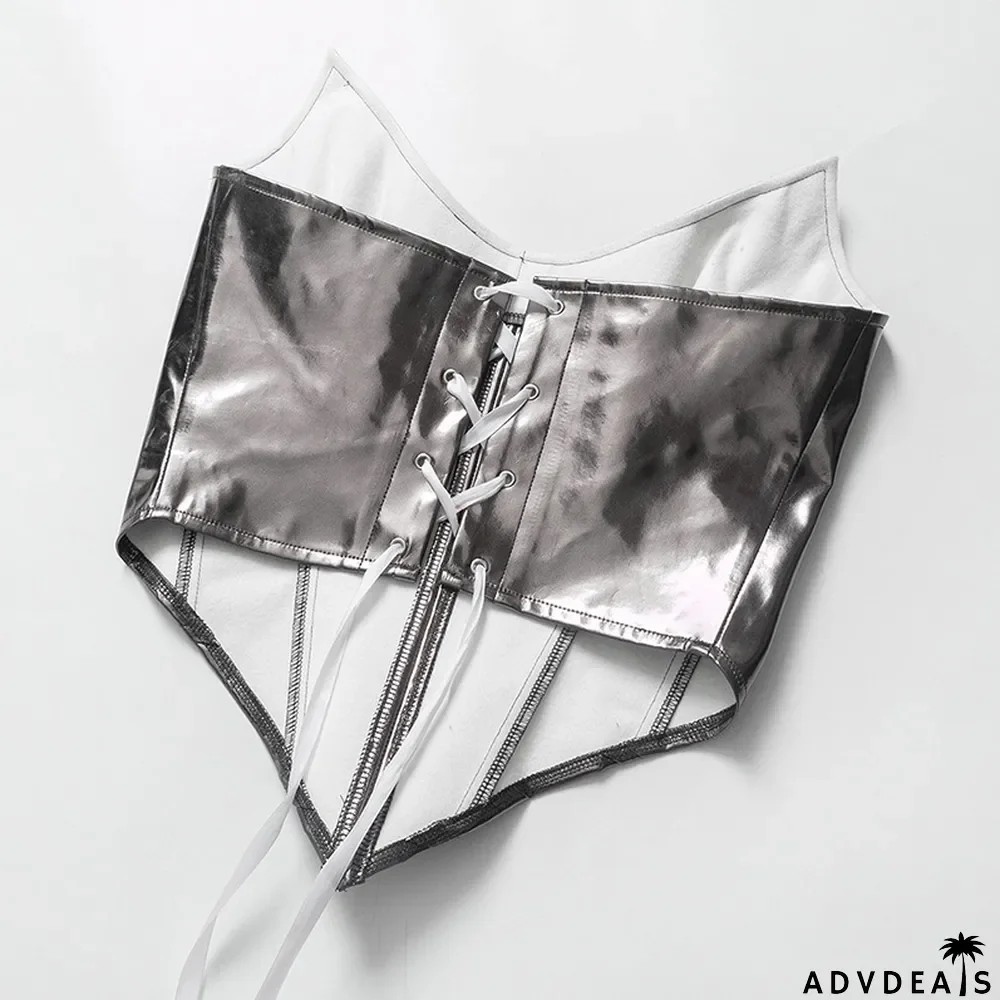 Women Summer Solid Color Sexy Sleeveless Backless Lace-Up PU-Leather Strapless Top