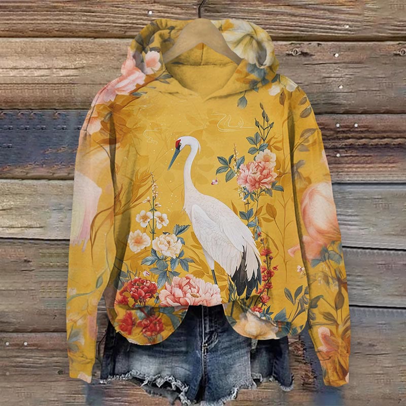 Japanese Art Crane Print Long Sleeve Hoodie artswardrobe