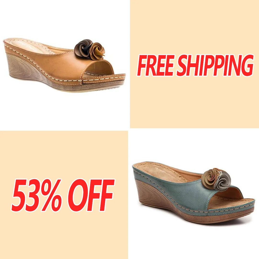 Womens Comfy Leather Solid Flower Strap Wedge Sandals