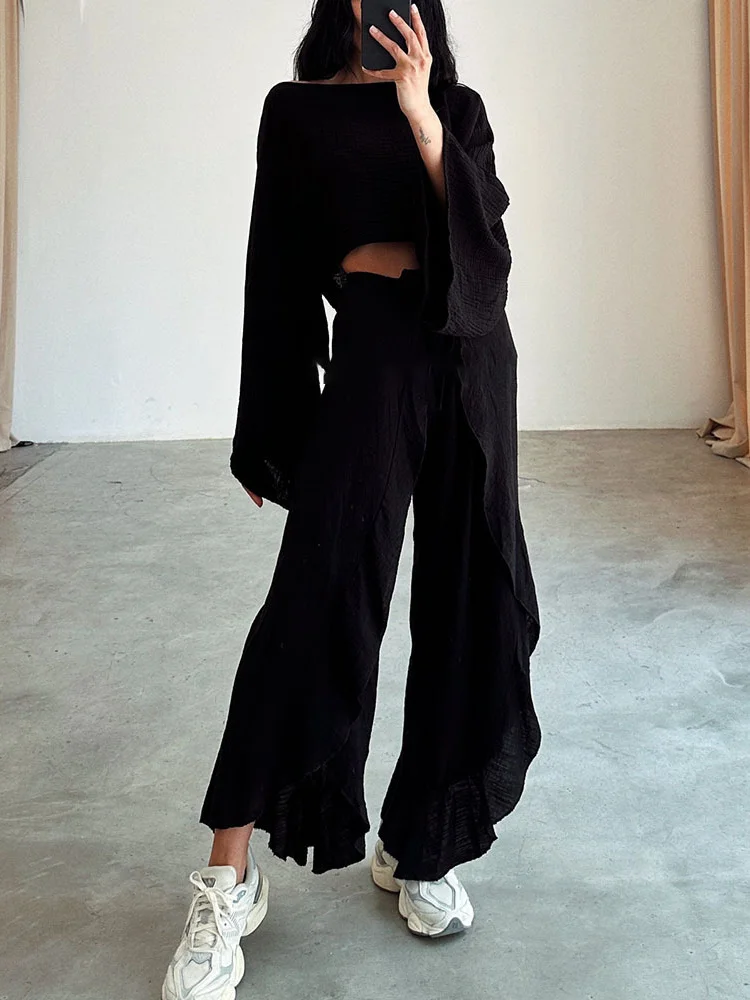 Cropped Top and Elastic Waist Tie Ruffle Pants Set