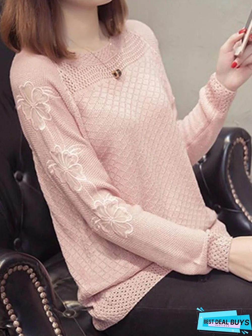 Round Neck Patchwork Elegant Plain Long Sleeve Knit Pullover