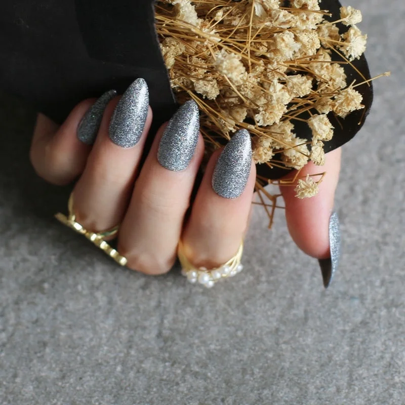 gel polish UV coffee Almond Holographic glitter art nails tabs Stiletto False nail Brown red fake Nails Gold silver 24pcs-Nail Inspo