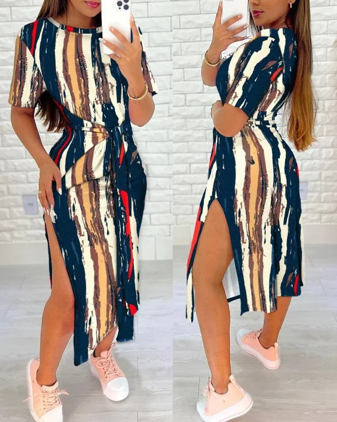 Wongn Wongn Round Neck Short Sleeve Slit A-Line Dress Tie Print Women's Dress