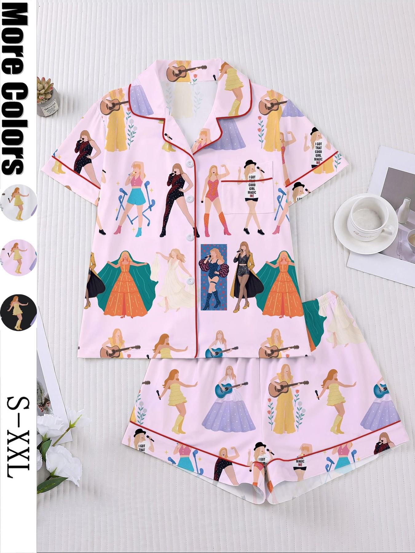 Women's Concert Movie Print Sleepwear Set, Pajama Set, Short Sleeve Button-Down Soft Top and Loose Elastic Shorts, Casual Home Wear for Swift Fans