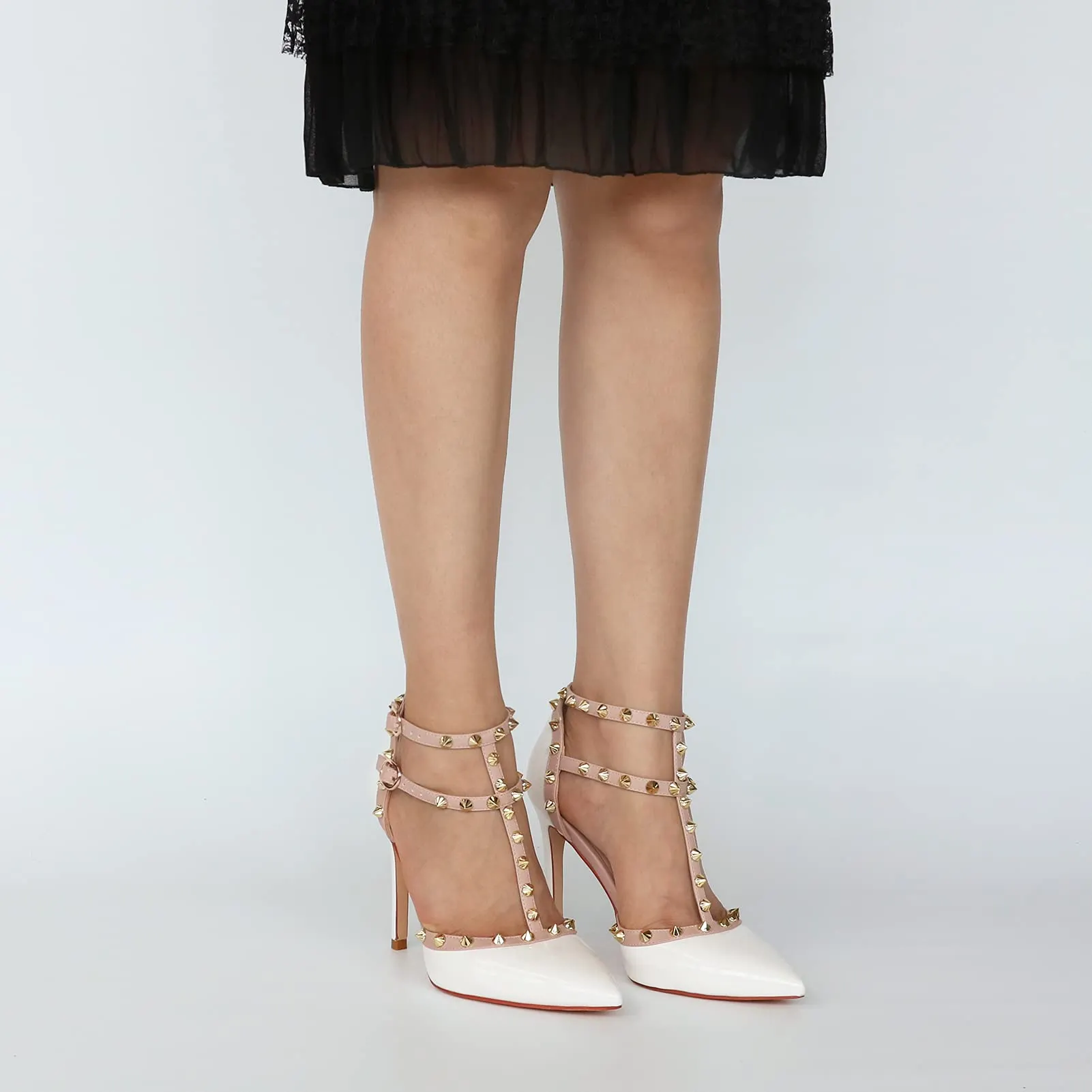 100mm Women's Pointed Toe Heels Studded Double Ankle Strap Sandals-vocosishoes