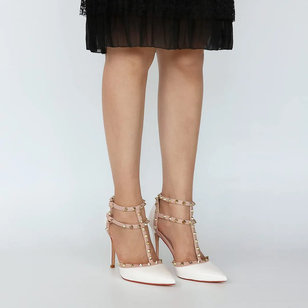 100mm Women's Pointed Toe Heels Studded Double Ankle Strap Sandals-vocosishoes