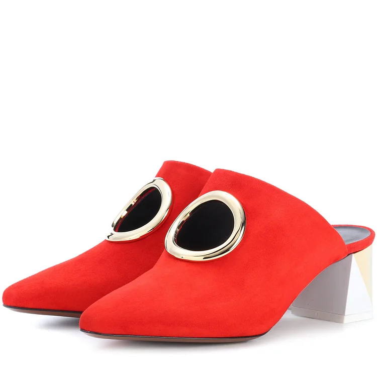 Red Almond Toe Vegan Suede Cut-Out Block Heel Mules for Women |FSJ Shoes