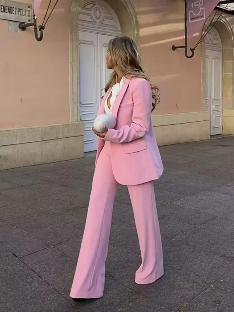 Huibahe Women Elegant Pink Pocket 2 Piece Set Fashion Single Breasted Long Sleeve Coat High Waist Pants Suits Chic High Street Outfits