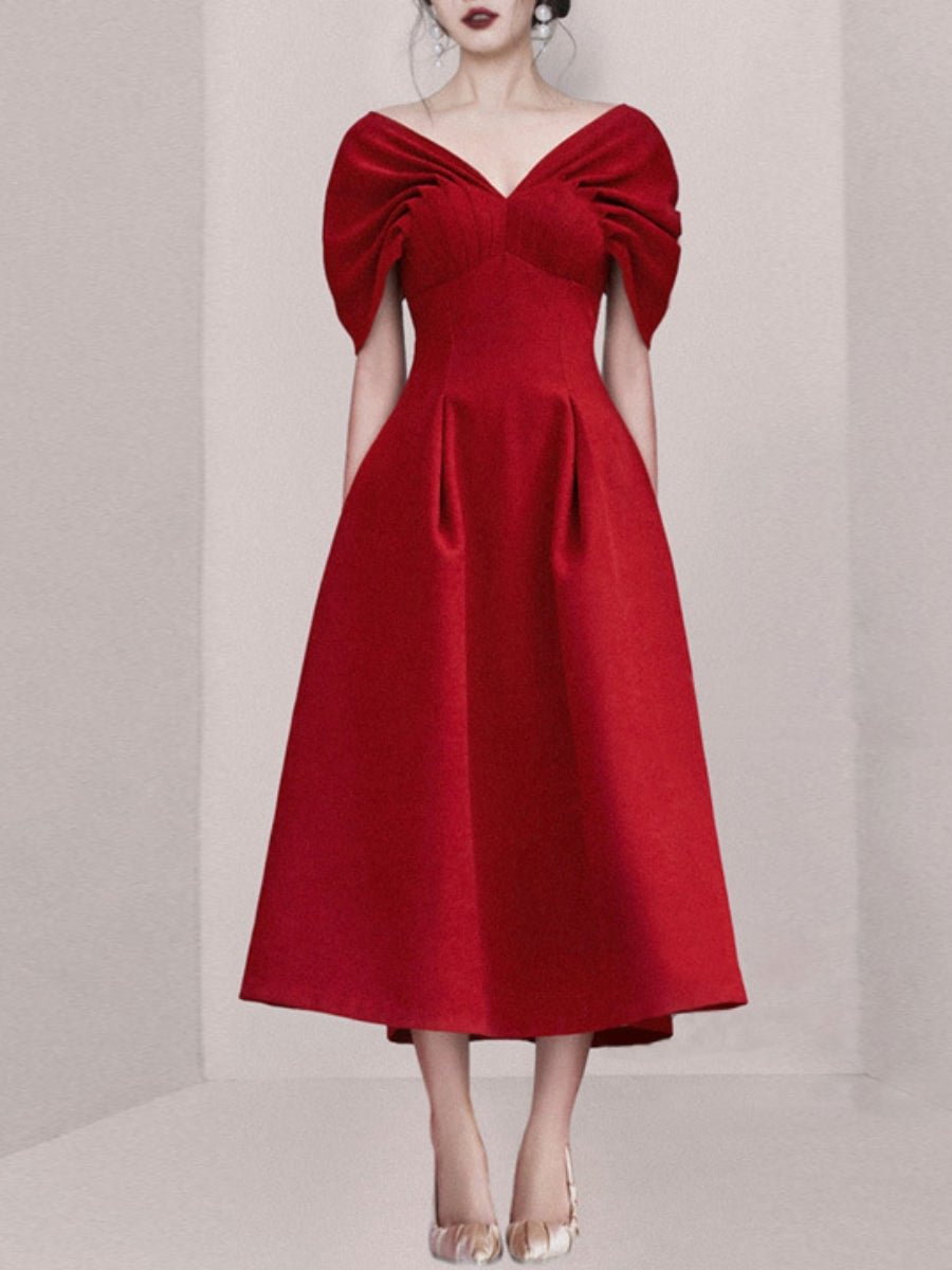 Red Prom Dress V-neck Pleated Sleeve High Waist Maxi Swing Dress