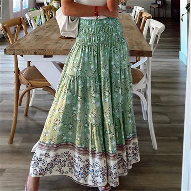 Boho Women High Waist A-line Print Maxi Skirt