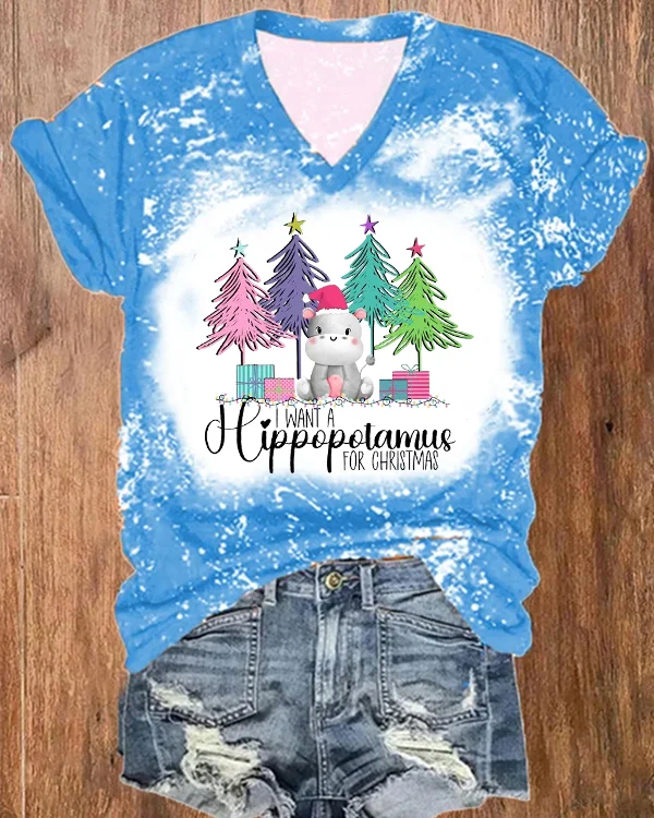 I Want A Hippopotamus For Christmas Bleached V-Neck T-Shirt