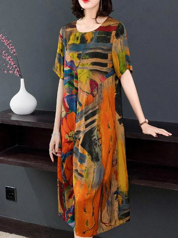 Color imitation silk mid-length dress