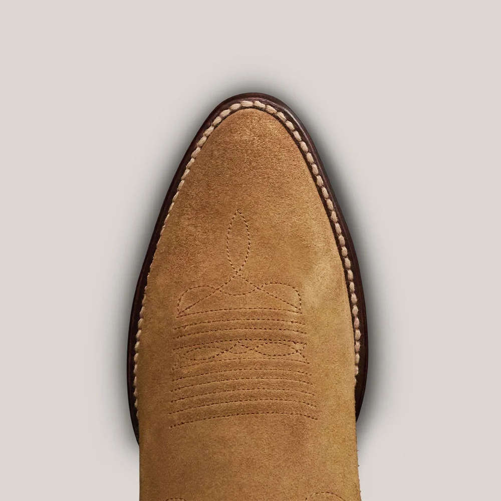 Vegan Suede Chunky Low Heel Mid Calf Stitching Cowgirl Boots in Tan