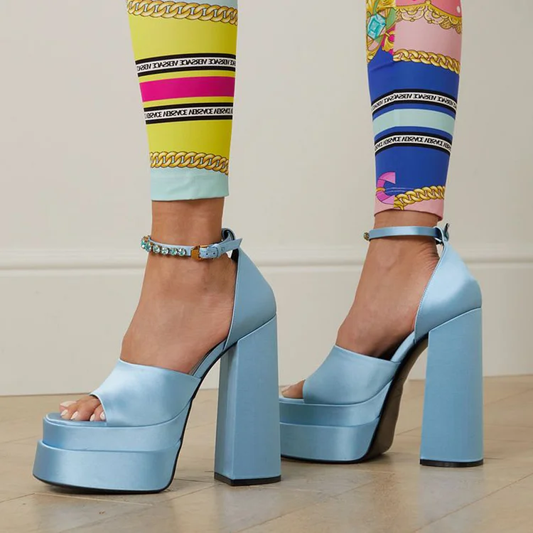 Light Blue Square Toe Sandals Classic Platform Chunky Heel Satin Shoes |FSJ Shoes