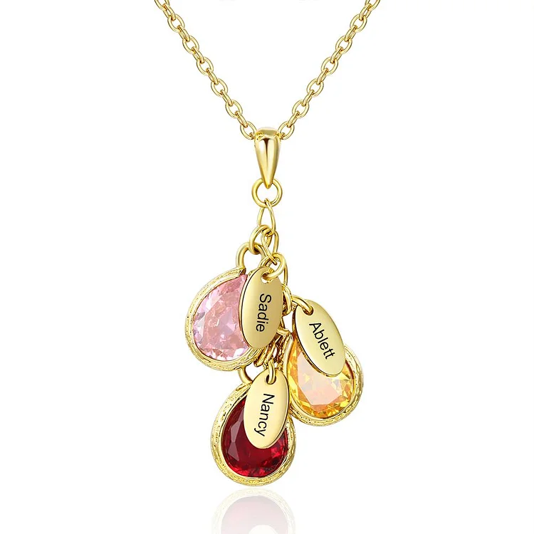 Personalized Family Necklace with 3 Birthstone Engraved Names Custom Necklace 18K Gold