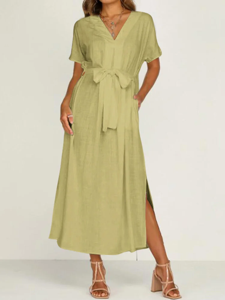 Solid Color V-neck Bowknotted Side Pockets Slit Hem Short Sleeve Dress