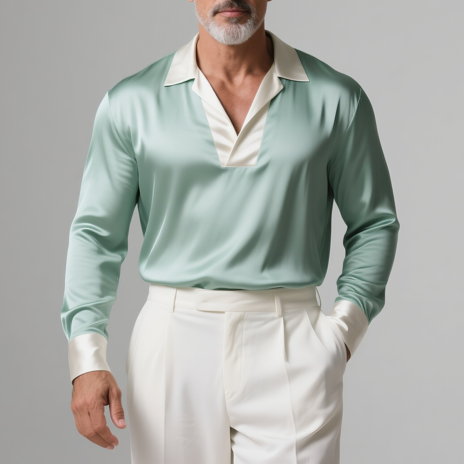 Men's Satin Contrast Trim Long Sleeve Polo Shirt