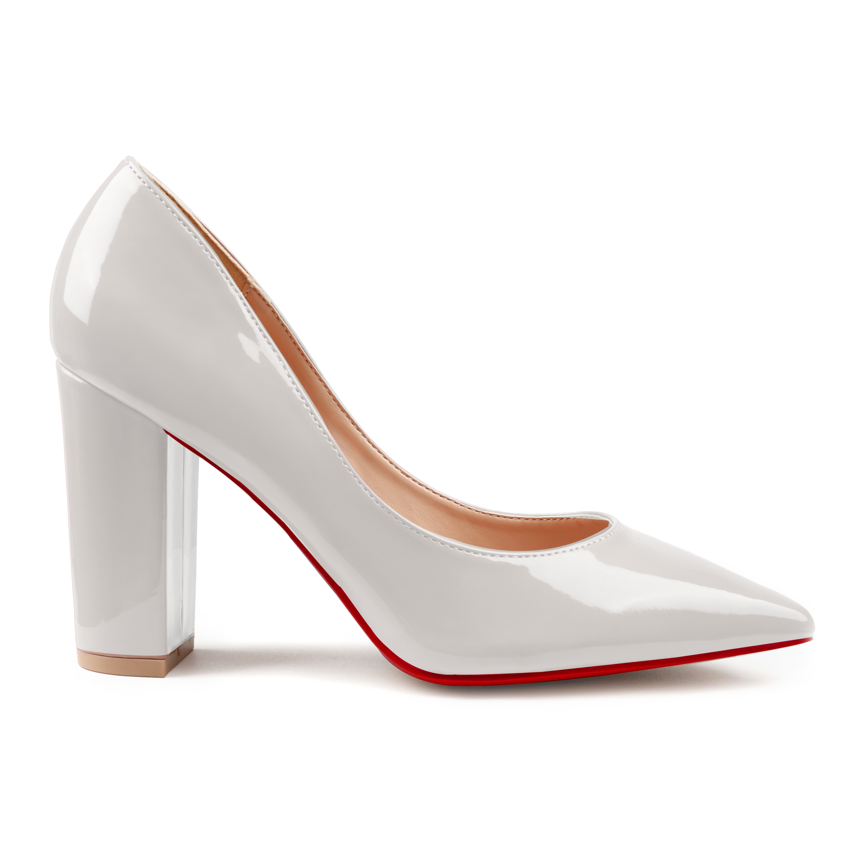 3.5" Women's Chunky Heels Red Bottom Shoes Comfortable Middle Block Heel Patent Pumps-MERUMOTE