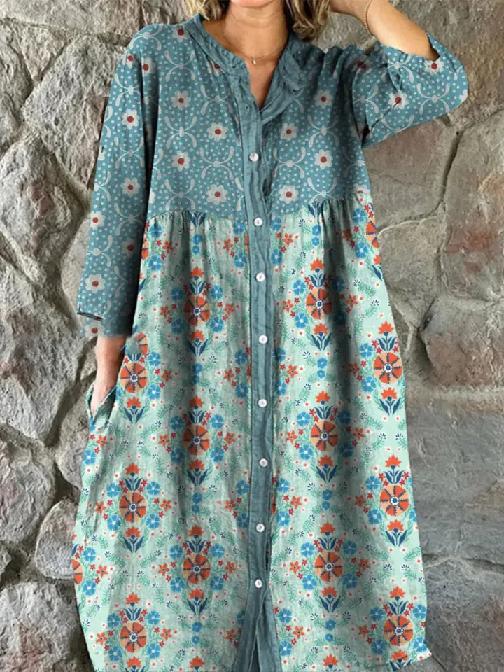 Womens Elegant Art Floral Dress Cotton Shirt Dress