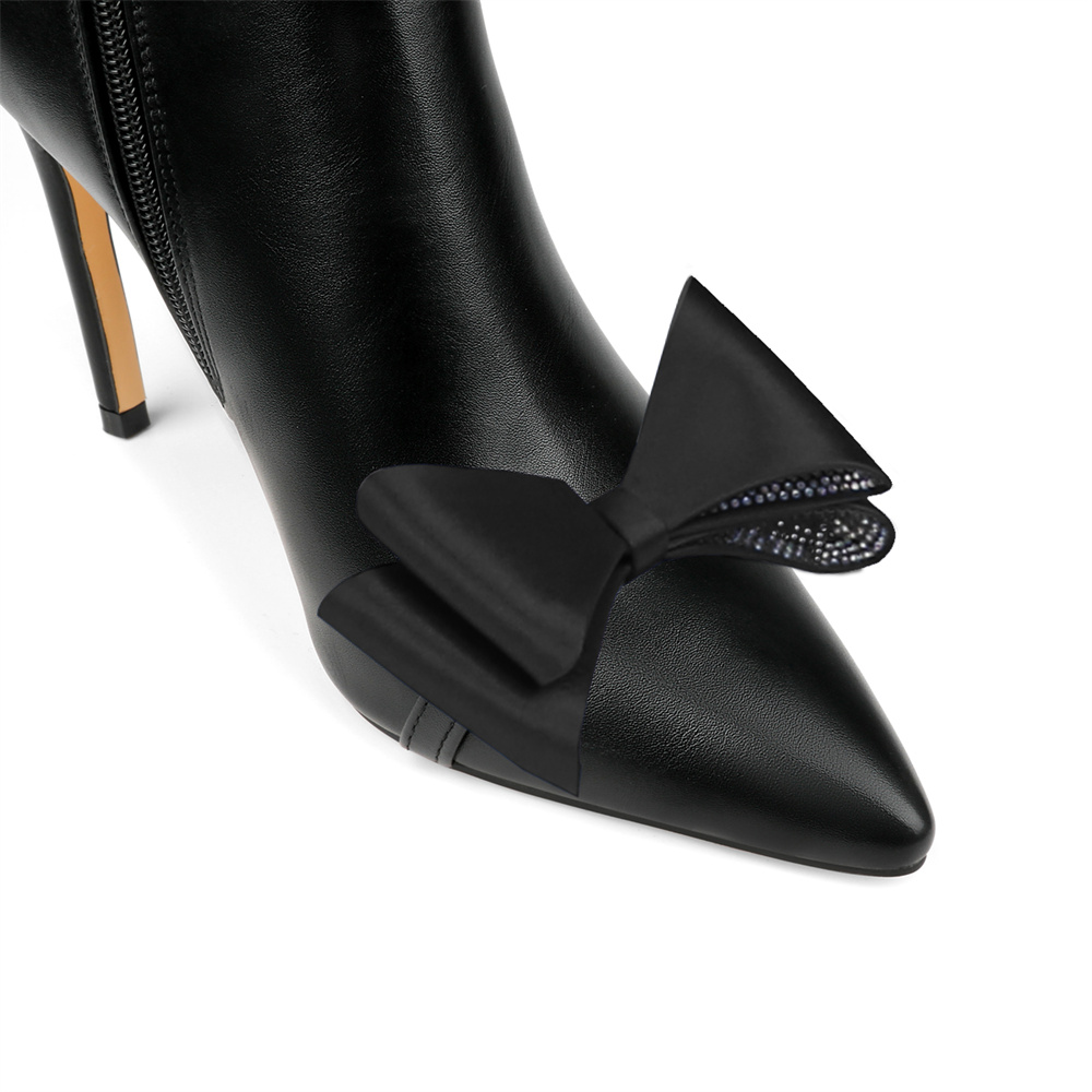 100mm Women's Fashion Zipper Leather High Heels Knee Boots Bowknot Shoes-MERUMOTE