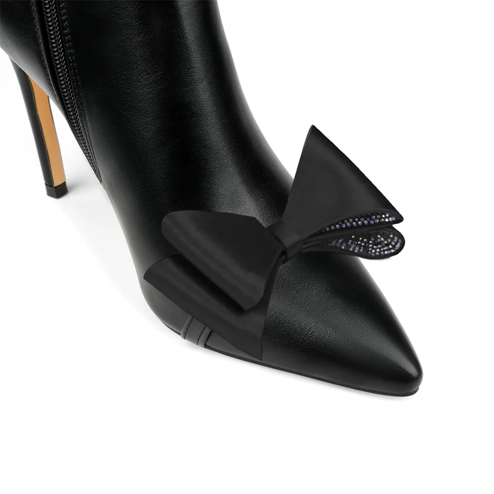100mm Women's Fashion Zipper Leather High Heels Knee Boots Bowknot Shoes-MERUMOTE