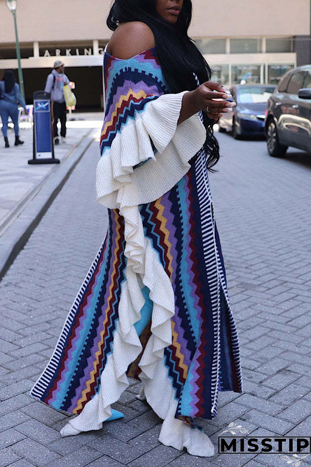 Blue Casual Print Patchwork Flounce Slit O Neck Straight Dresses