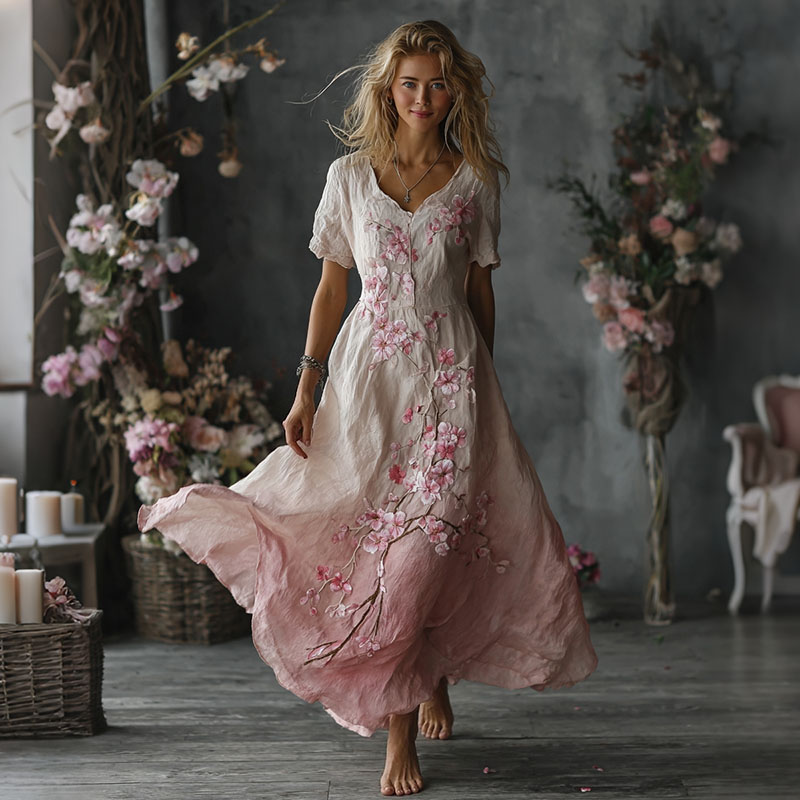 Women's Embroidered Floral Gradient Print Maxi Dress elevenforest