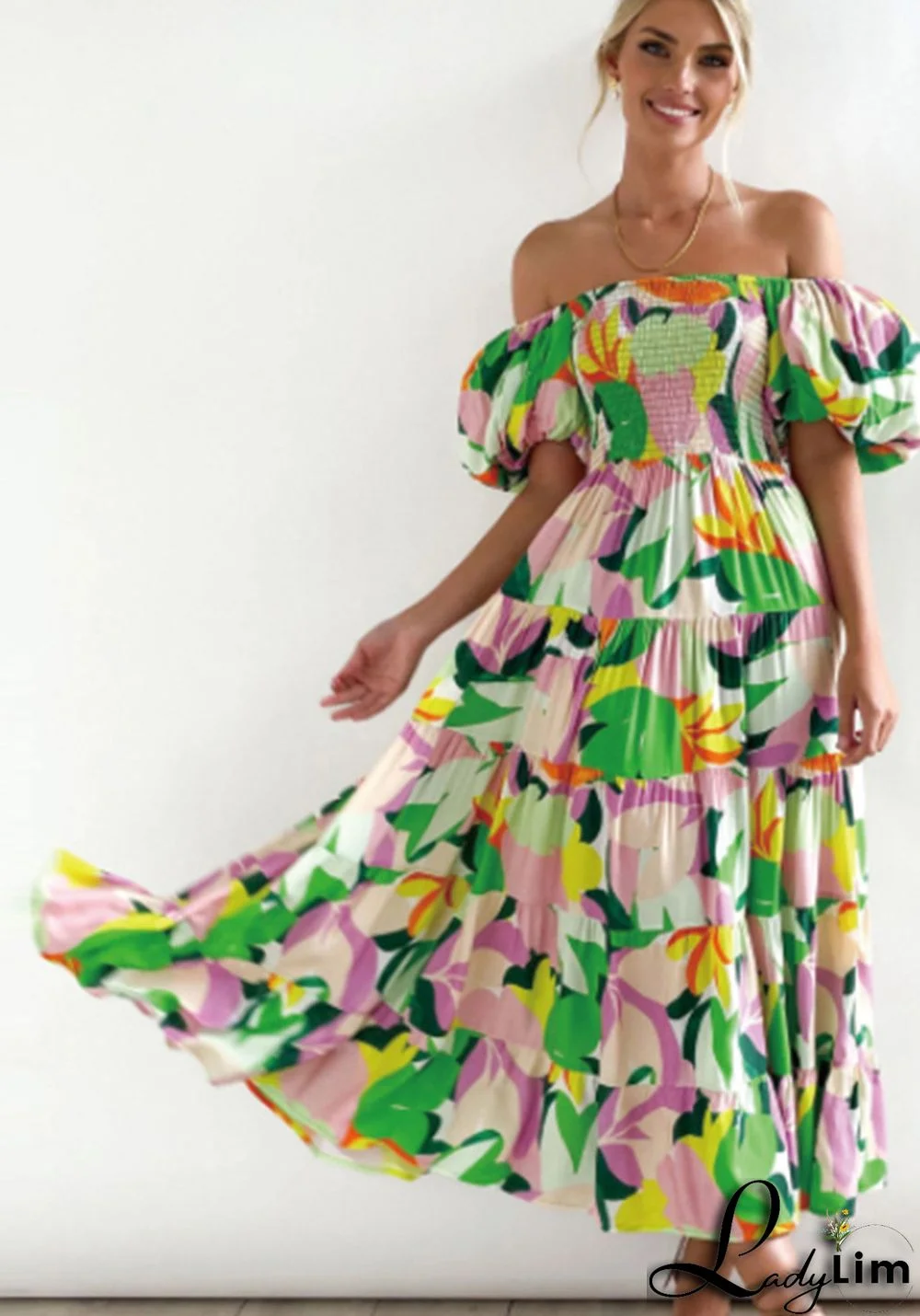 Women Boho Print Off Shoulder Holidays Oversized Dress