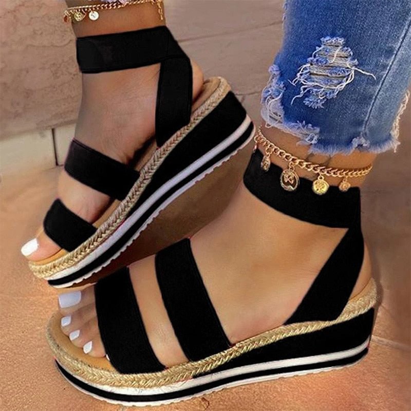 Summer Sandals Women Wedges Platform Hemp Shoes Ladies Candy Color Casual Slippers Slip On Strap Cross Shoes Plus Size 2021