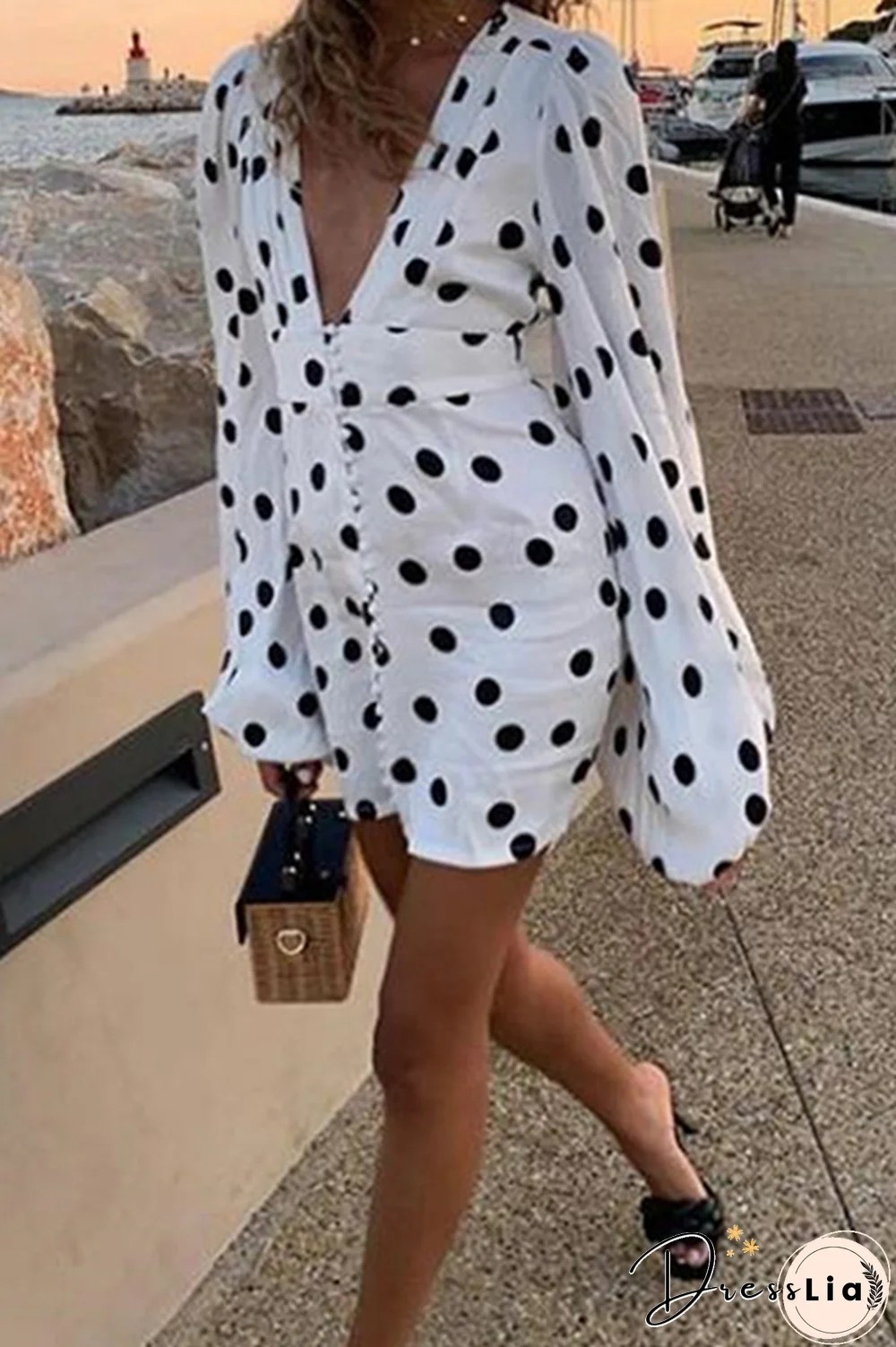 Fashion Elegant Polka Dot Split Joint Buckle V Neck Pencil Skirt Dresses