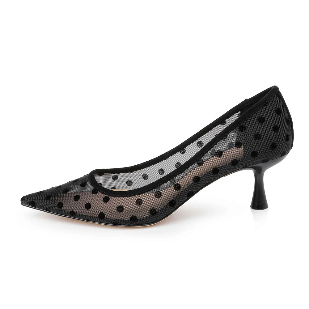 Black Mesh Polka Dot Pointed Toe Mid Spool Heel Pumps for Women