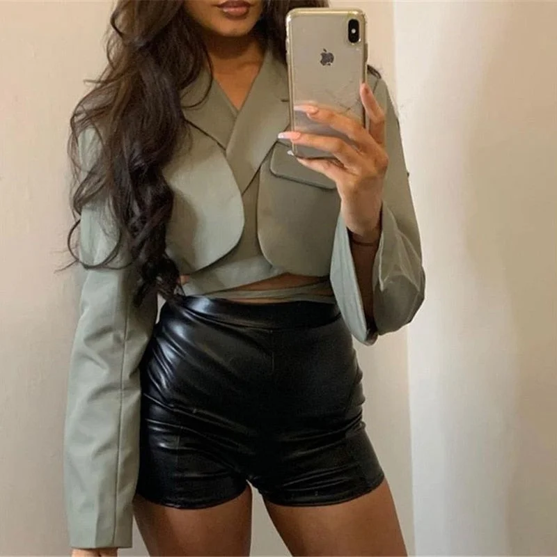 Women Fashion Bandage Blazer 2022  Double Layer Long Sleeve Pocket Short Jacket Ladies Sexy 5  Color Solid Outwear