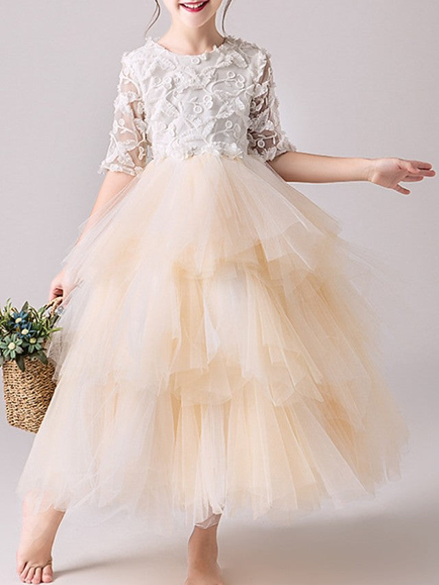 Oknass Ball Gown Half Sleeve Jewel Neck  Flower Girl Dresses Tulle With Tier  Appliques