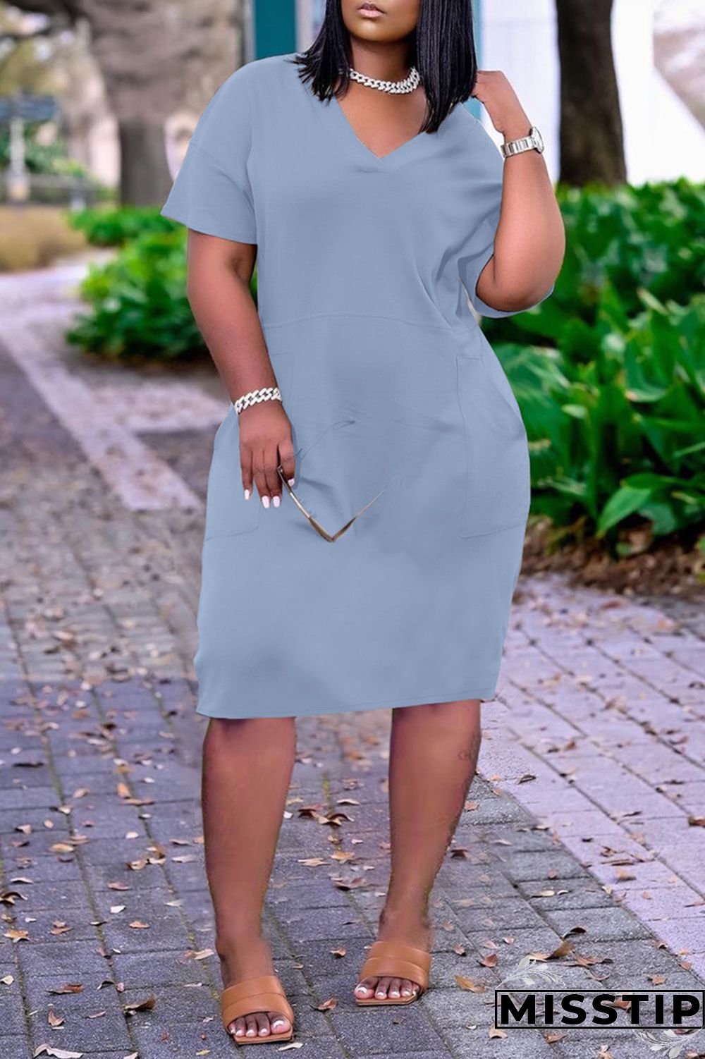 Dark Blue Fashion Casual Solid Basic V Neck Short Sleeve Dress