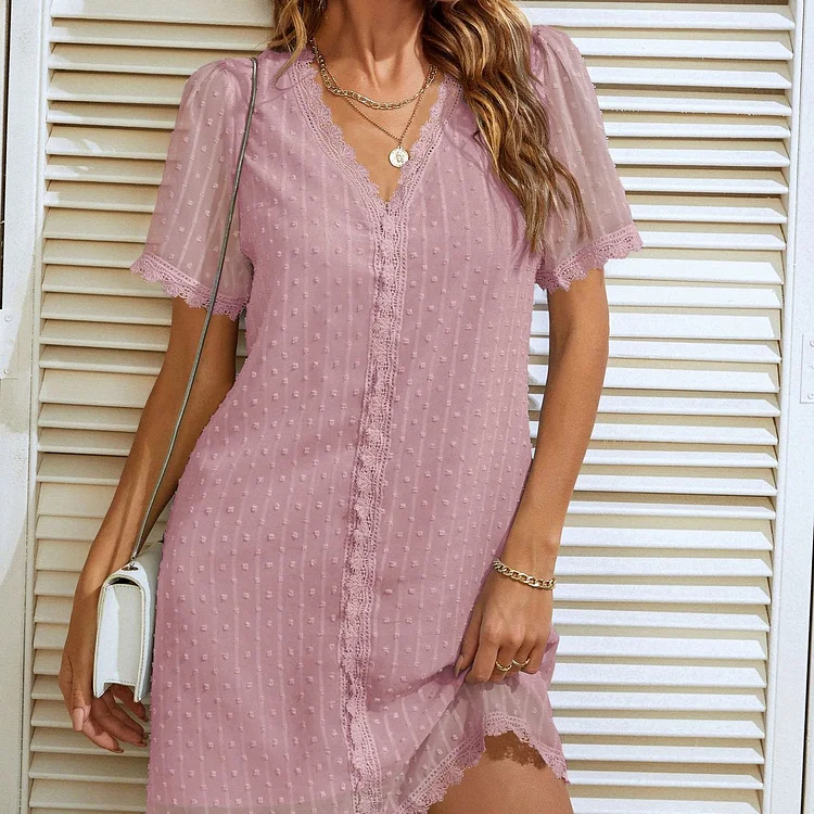 Summer V-Neck Casual Short Sleeve Polka Dot Lace Shift Dress socialshop