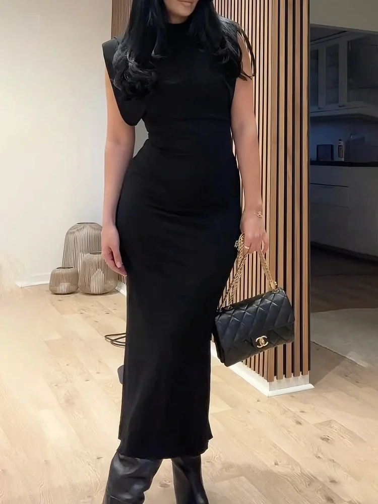 Black Sleeveless Off - Shoulder Luxe Midi Dress