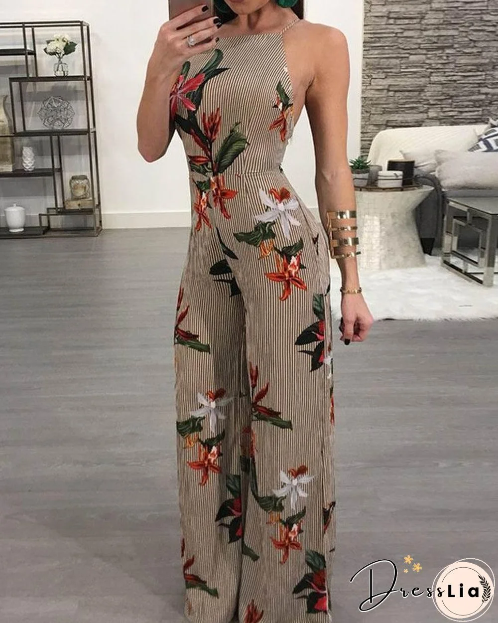 Floral Printed Halter Open Back Casual Wide Leg Jumpsuit