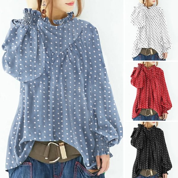 Women Puff Sleeved Polka Dots Plus Size High Neck Blouse Shirts Office Tops - Shop Trendy Women's Clothing | LoverChic