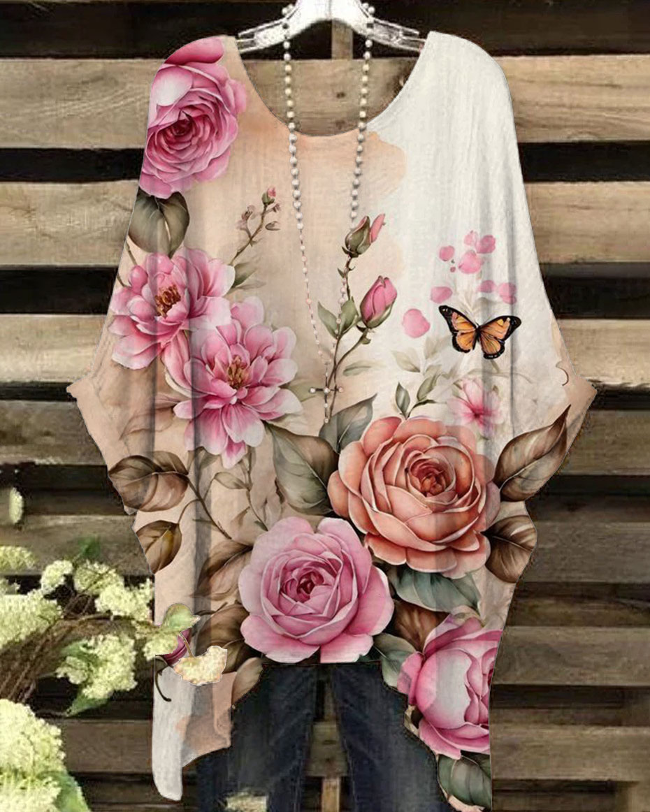 Round Neck Vintage Flowers Print Irregular Shirt