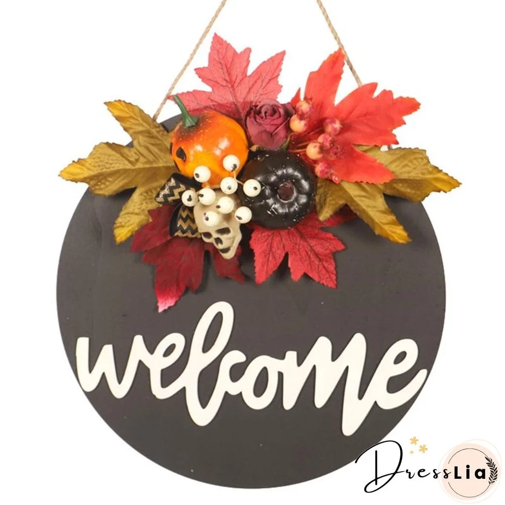 Wooden Door Sign Skull Pumpkin Wreath Wall Hanger Decor For Halloween