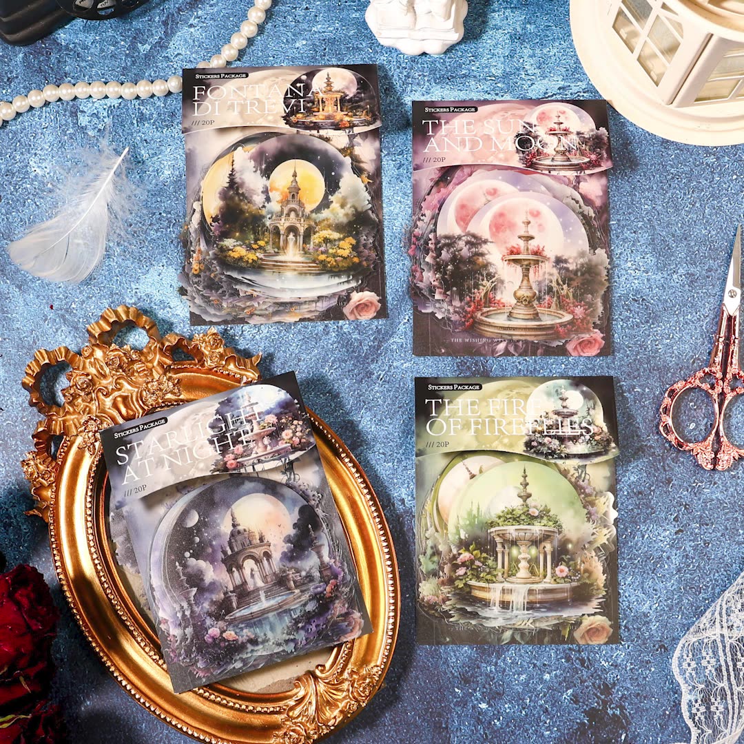 PET 스티커 - 달빛 속의 소원 우물 시리즈 빈티지 꽃 성 풍경