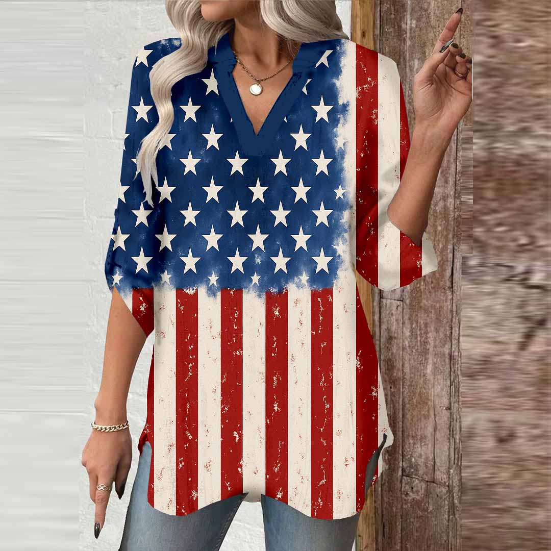 Women  Independence Day, Star, Striped, Blue, Red DZGA0246 3/4 Sleeve V-neck Printed Graphic Button Tops