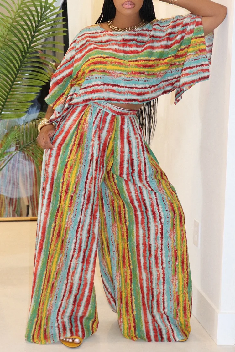 Plus Size Vacation Multicolor Colorblock Round Neck Half Sleeve Pocket Casual Wide Leg Two Piece Pant Sets [Pre-Order] 2024 - Xpluswear